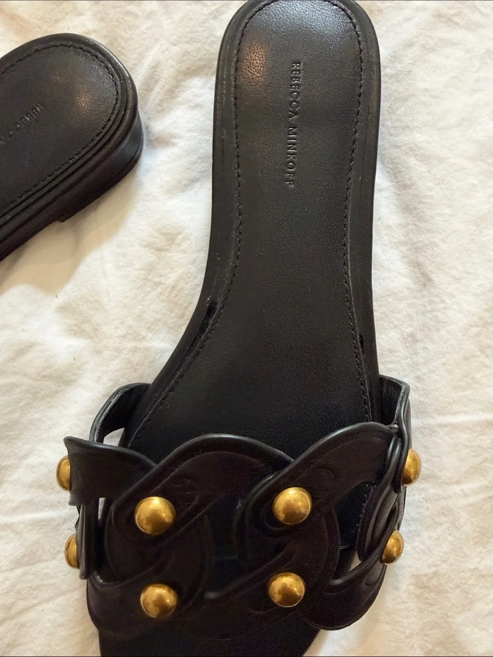 Rebecca Minkoff Black Leather Slide Sandals with Gold Studs